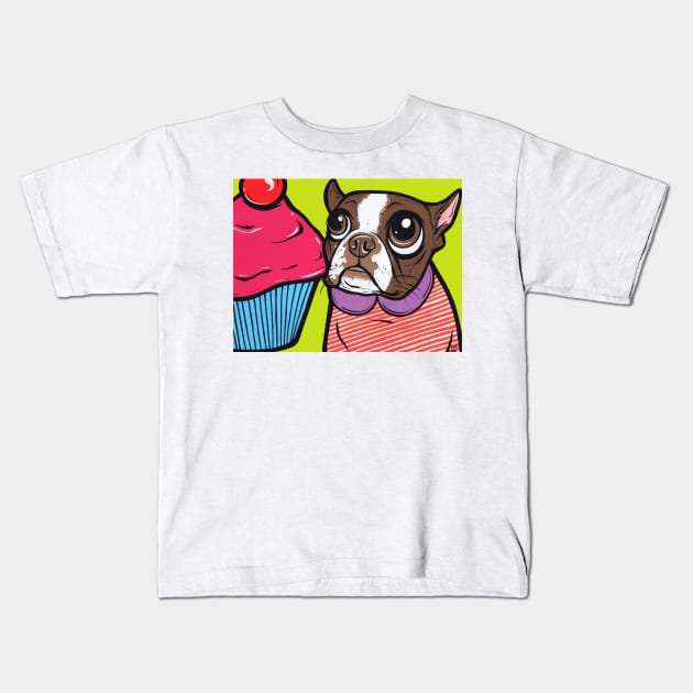 Brown Boston Terrier Cupcake Kids T-Shirt by turddemon